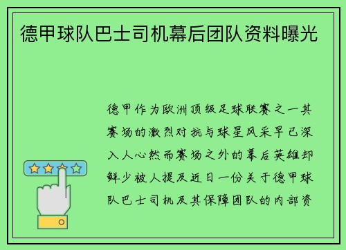 德甲球队巴士司机幕后团队资料曝光